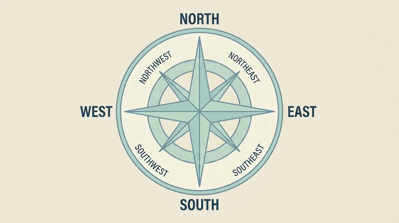 Compass diagram showing north, south, east, west, and the four intermediate directions between them