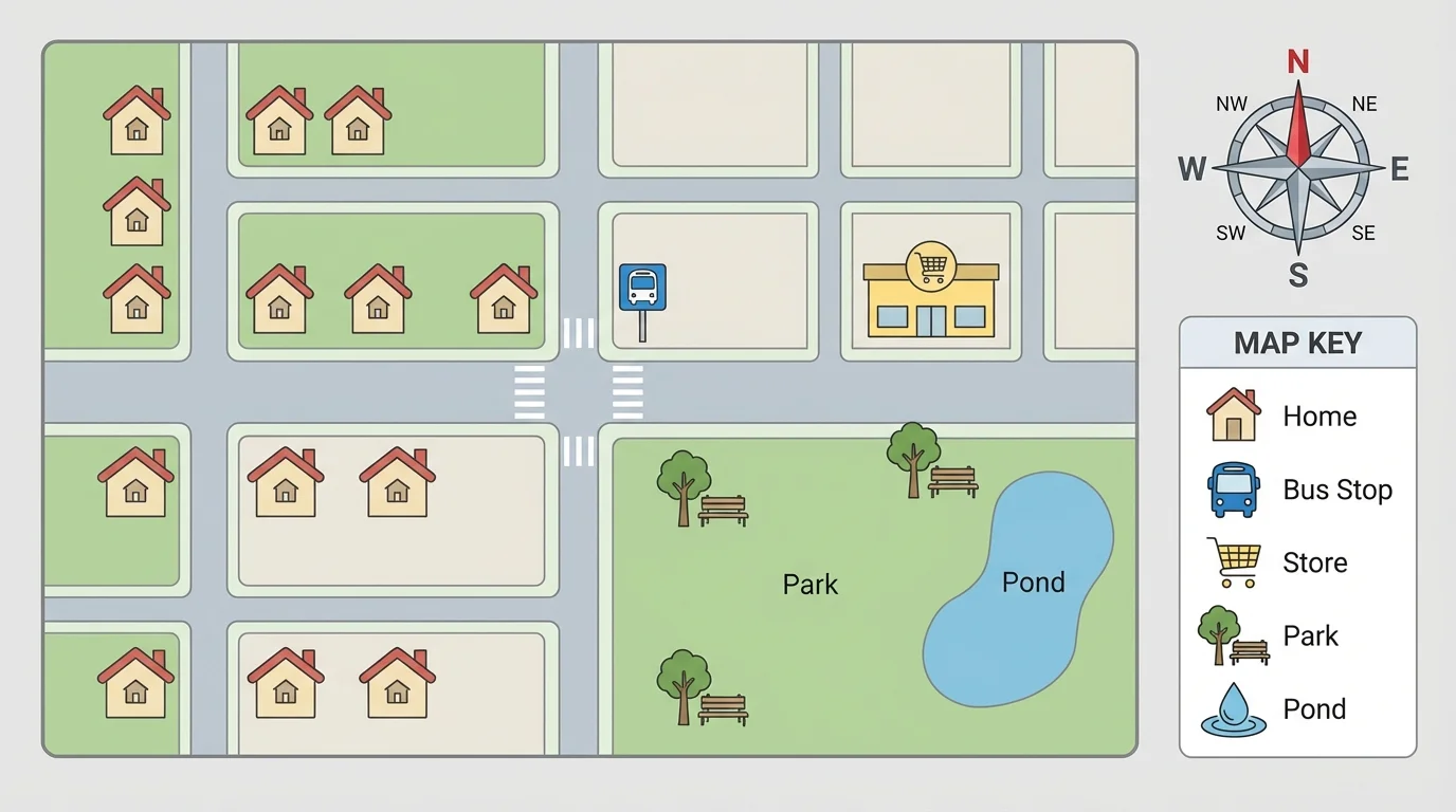 Neighborhood map with homes, bus stop, store, park, and pond showing relative positions