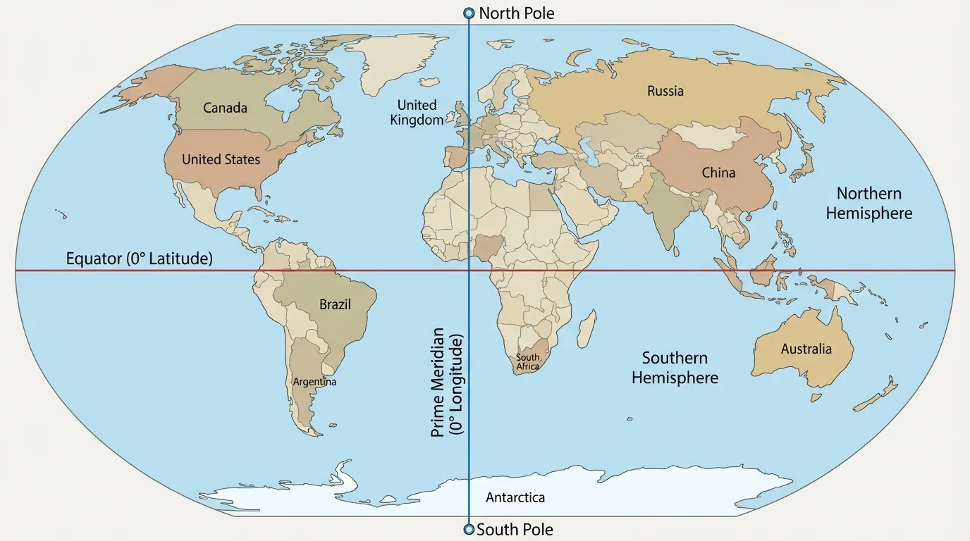 World map with the Equator marked across the center and example countries above and below it