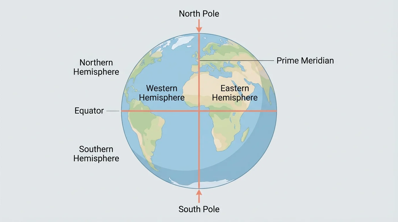 Simple globe showing top and bottom points labeled North Pole and South Pole with arrows