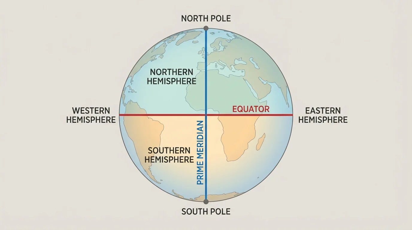 Globe labeled Northern, Southern, Eastern, and Western Hemispheres with Equator and Prime Meridian highlighted