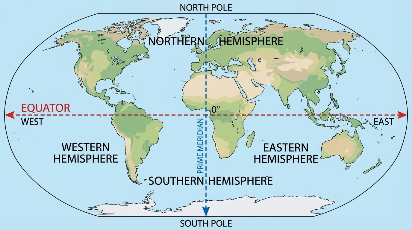 World map with Prime Meridian marked through Europe and Africa and east-west labels on both sides