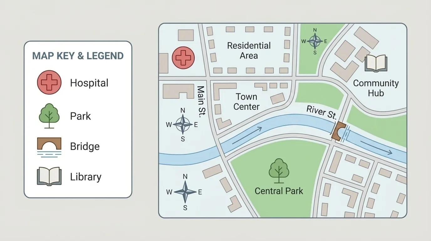 map key with symbols for hospital, park, bridge, and library beside a neighborhood map using the same symbols
