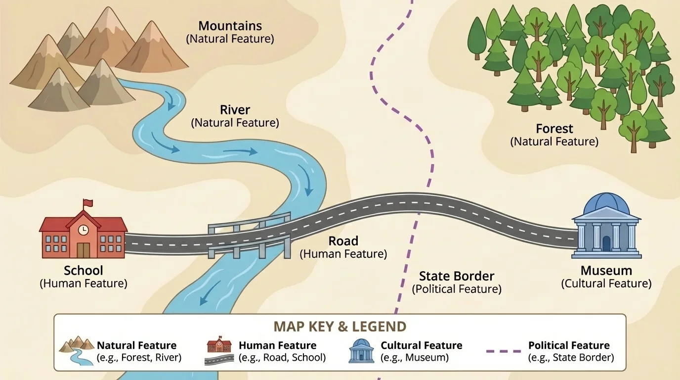 colorful map with mountain, river, forest, road, school, museum, and state border, each labeled as natural, human, cultural, or political feature