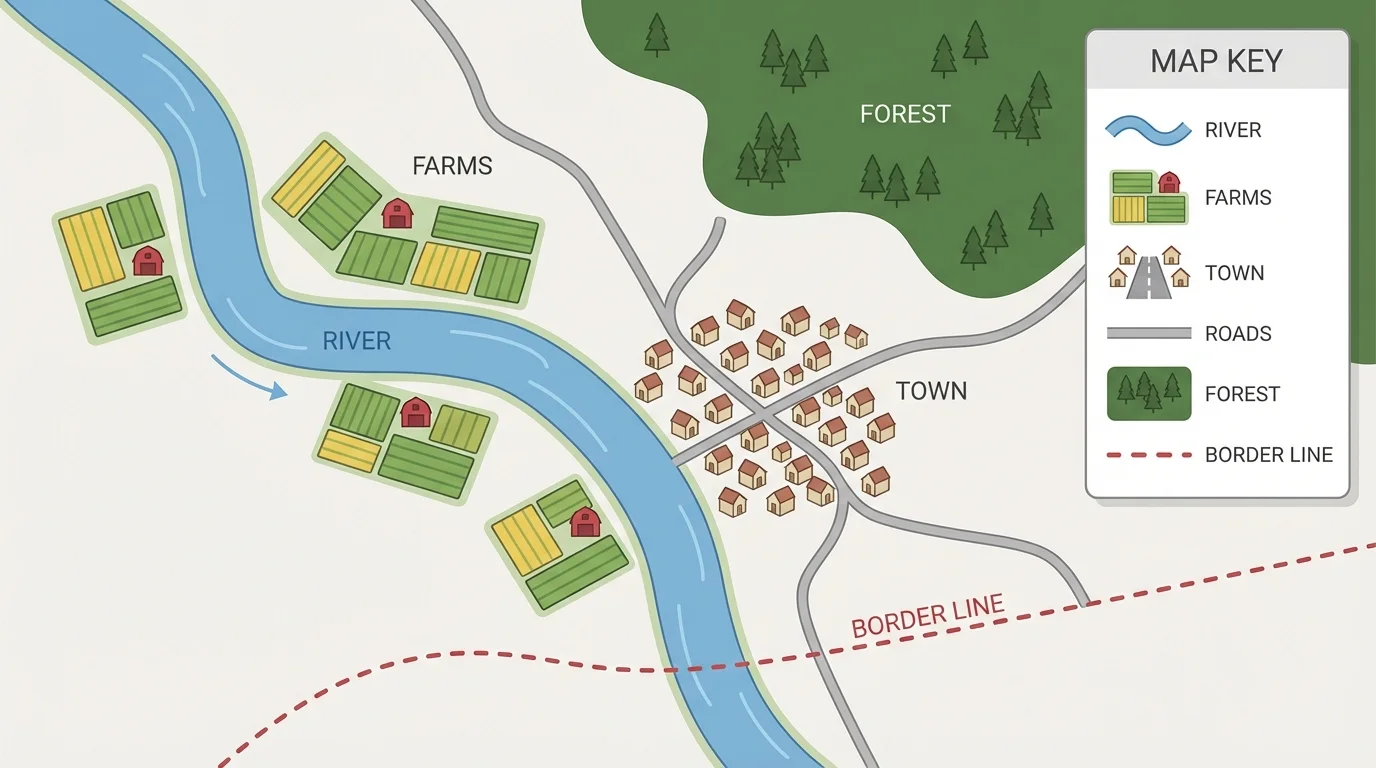 simple regional map showing houses clustered by roads, farms near river, forest away from town, and a border line