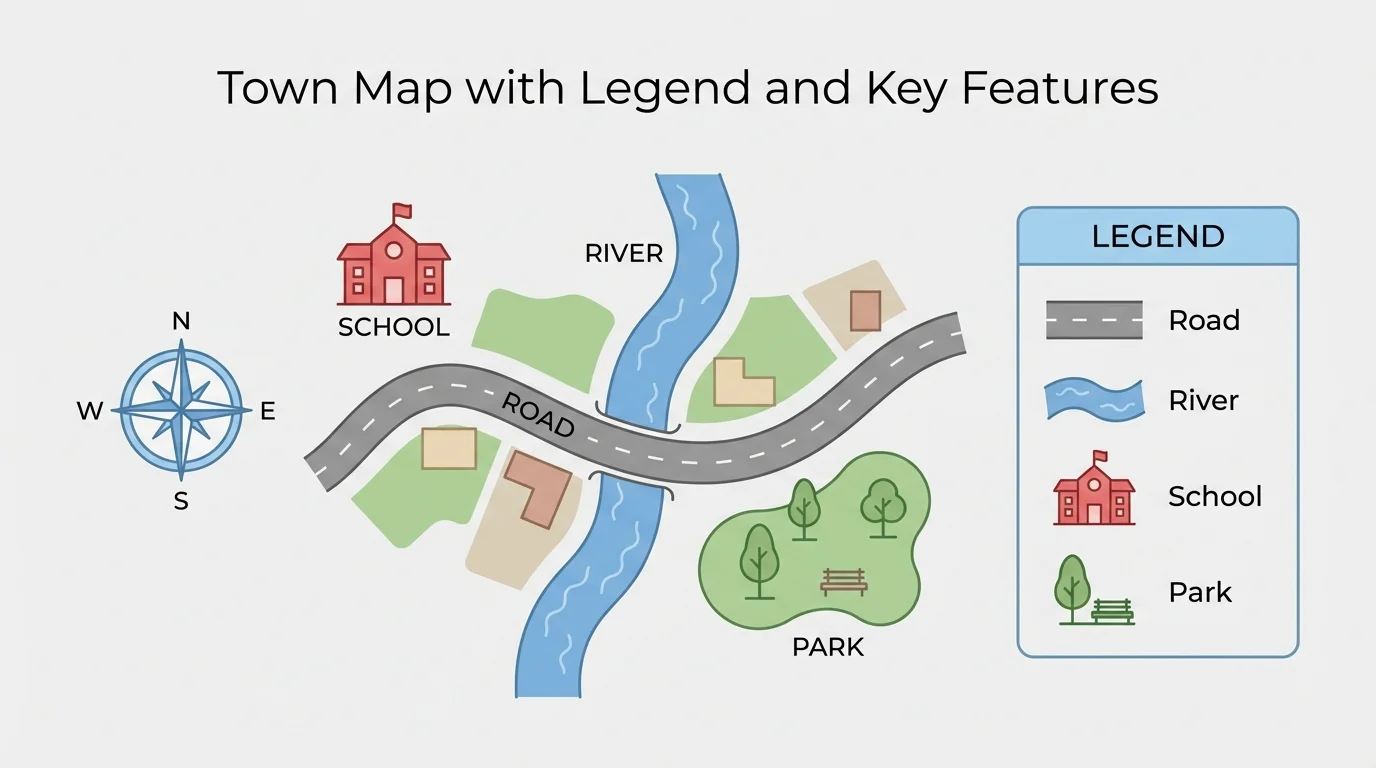 simple town map with title, compass rose, road, river, school, park, and a legend box with matching symbols