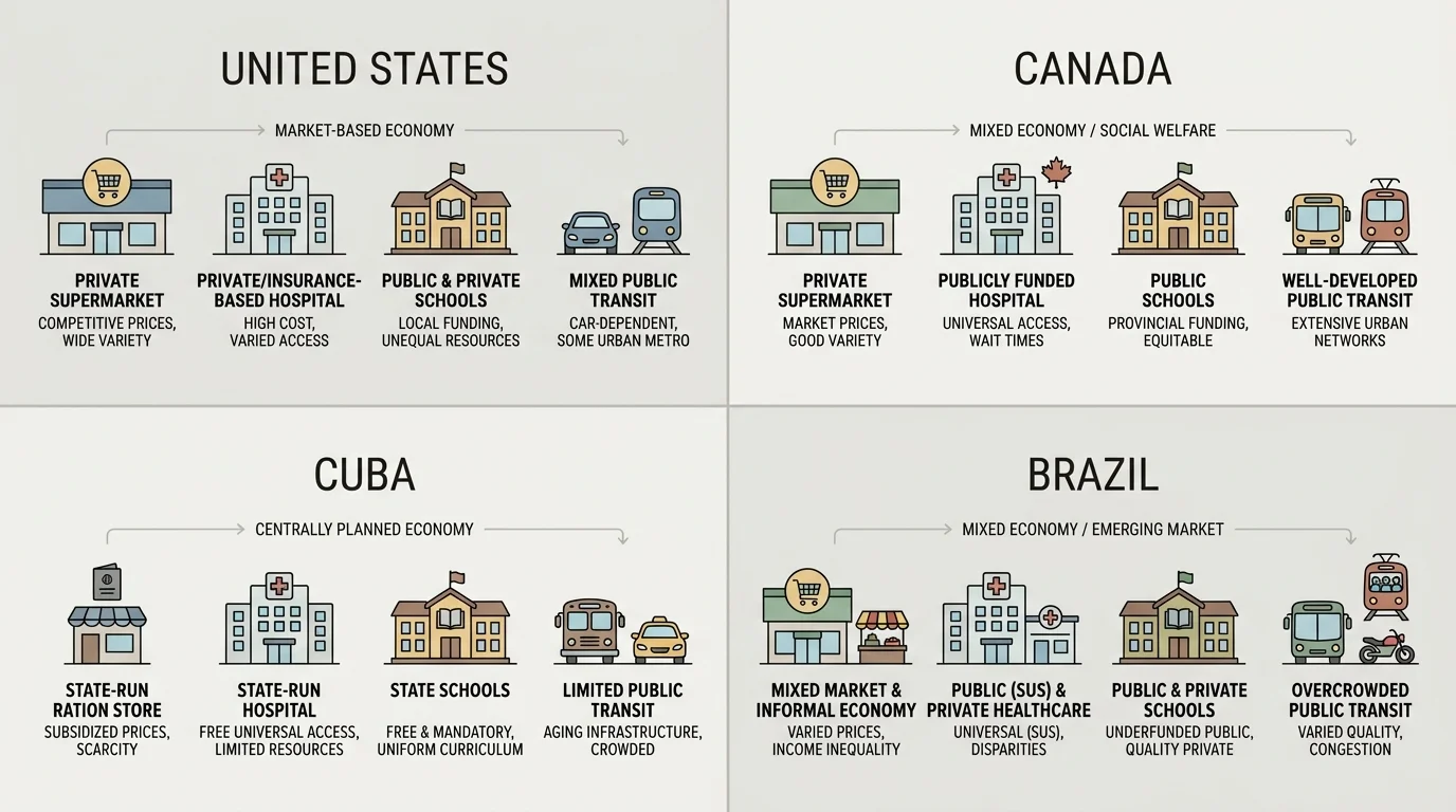 four-panel scene comparing daily economic life in the United States, Canada, Cuba, and Brazil through stores, hospitals, schools, and public transit