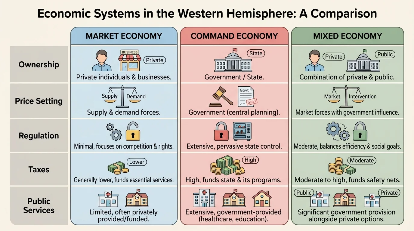 three-column comparison chart for market economy, command economy, and mixed economy with rows for ownership, price setting, regulation, taxes, and public services