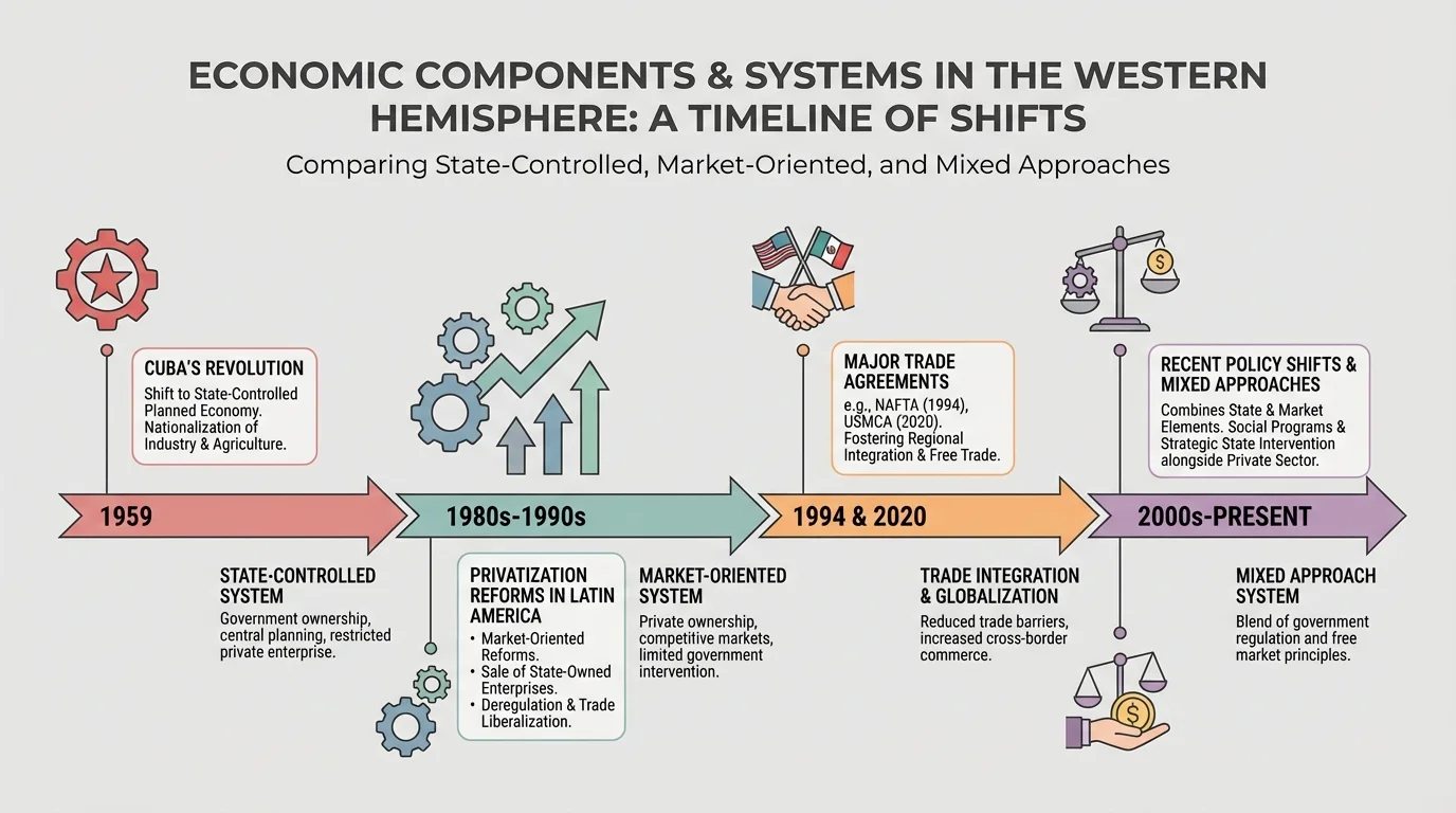 timeline of economic changes in the Western Hemisphere highlighting Cuba's revolution, privatization reforms in Latin America, major trade agreements, and recent policy shifts toward mixed approaches