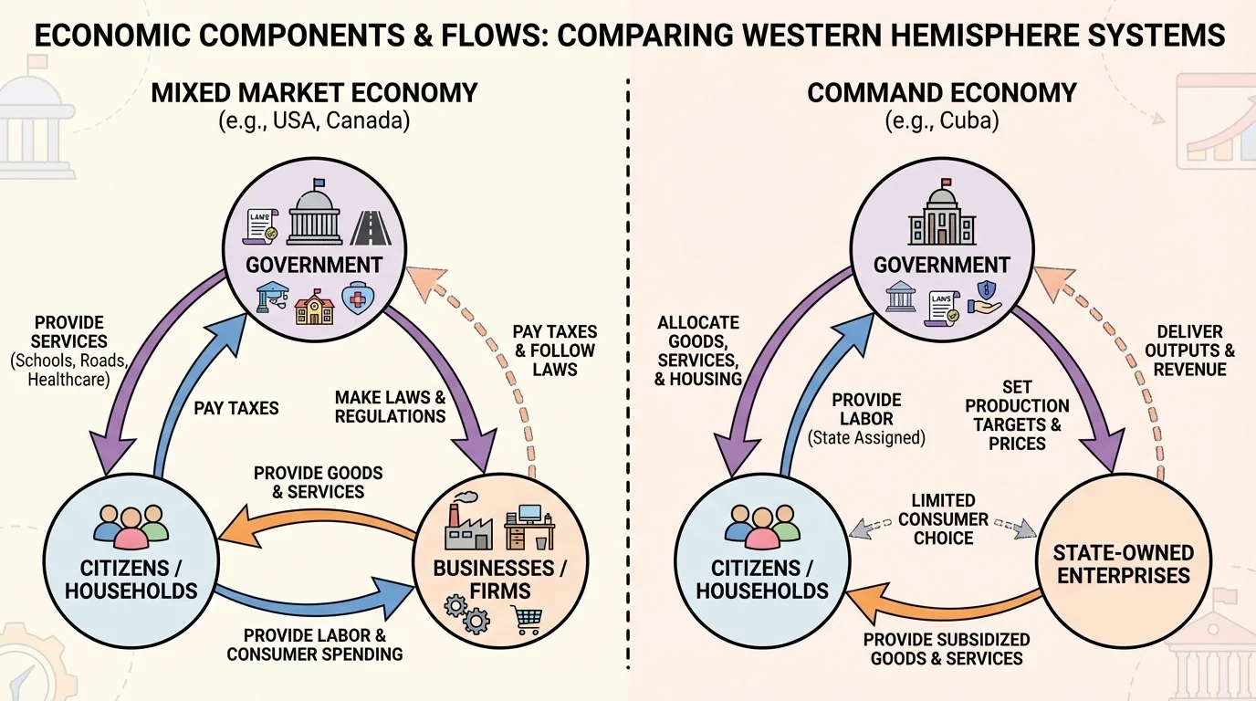 flowchart showing citizens paying taxes to government, government making laws and providing schools roads and healthcare, businesses producing goods and services, and citizens buying goods and working in businesses