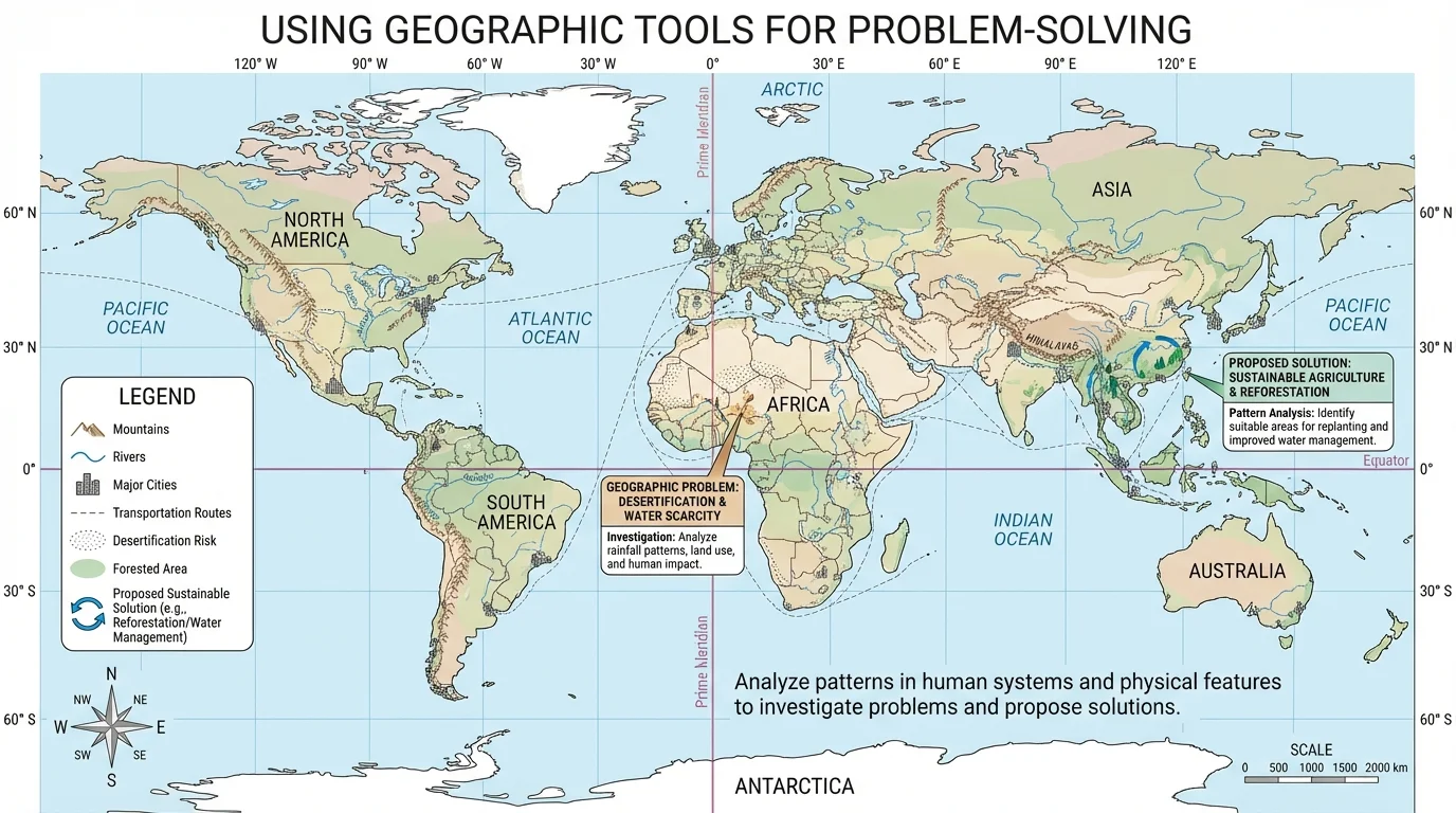 Student-friendly world map with title, legend symbols, scale bar, compass rose, Equator, Prime Meridian, and labeled latitude-longitude lines