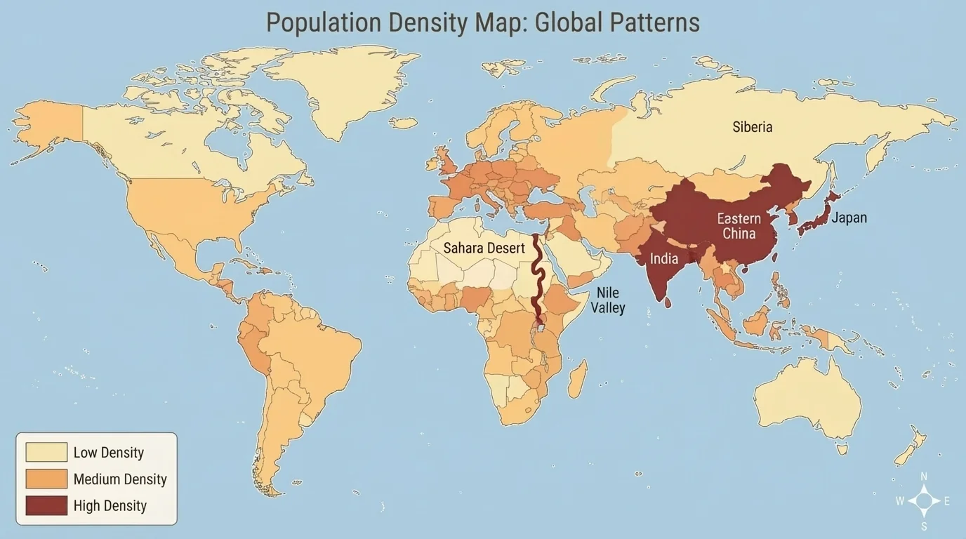 Population density map highlighting eastern China, India, Nile Valley, Japan, and sparse Sahara and Siberia