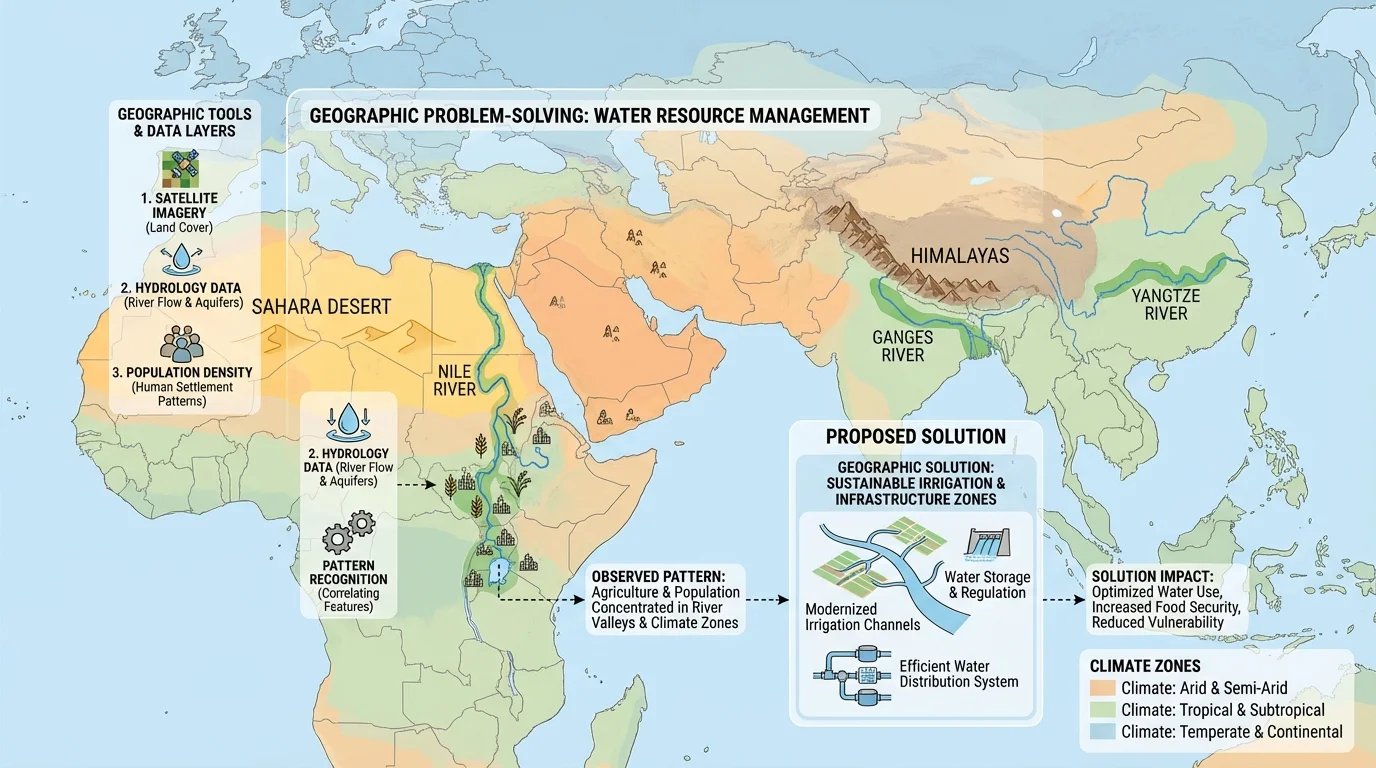Eastern Hemisphere physical map with Himalayas, Sahara, Nile, Ganges, Yangtze, and climate shading
