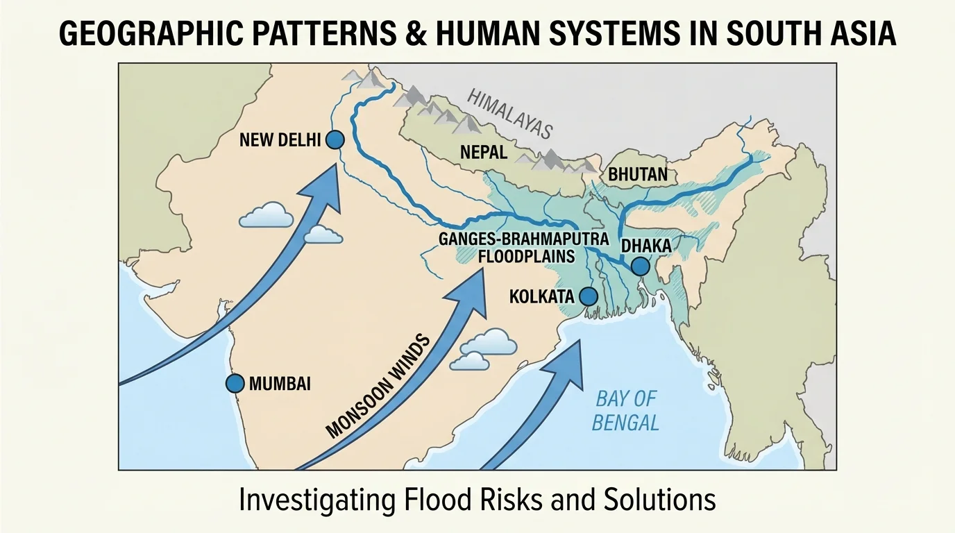 South Asia map with monsoon arrows, Ganges-Brahmaputra basin, floodplain shading, and cities such as Dhaka and Kolkata