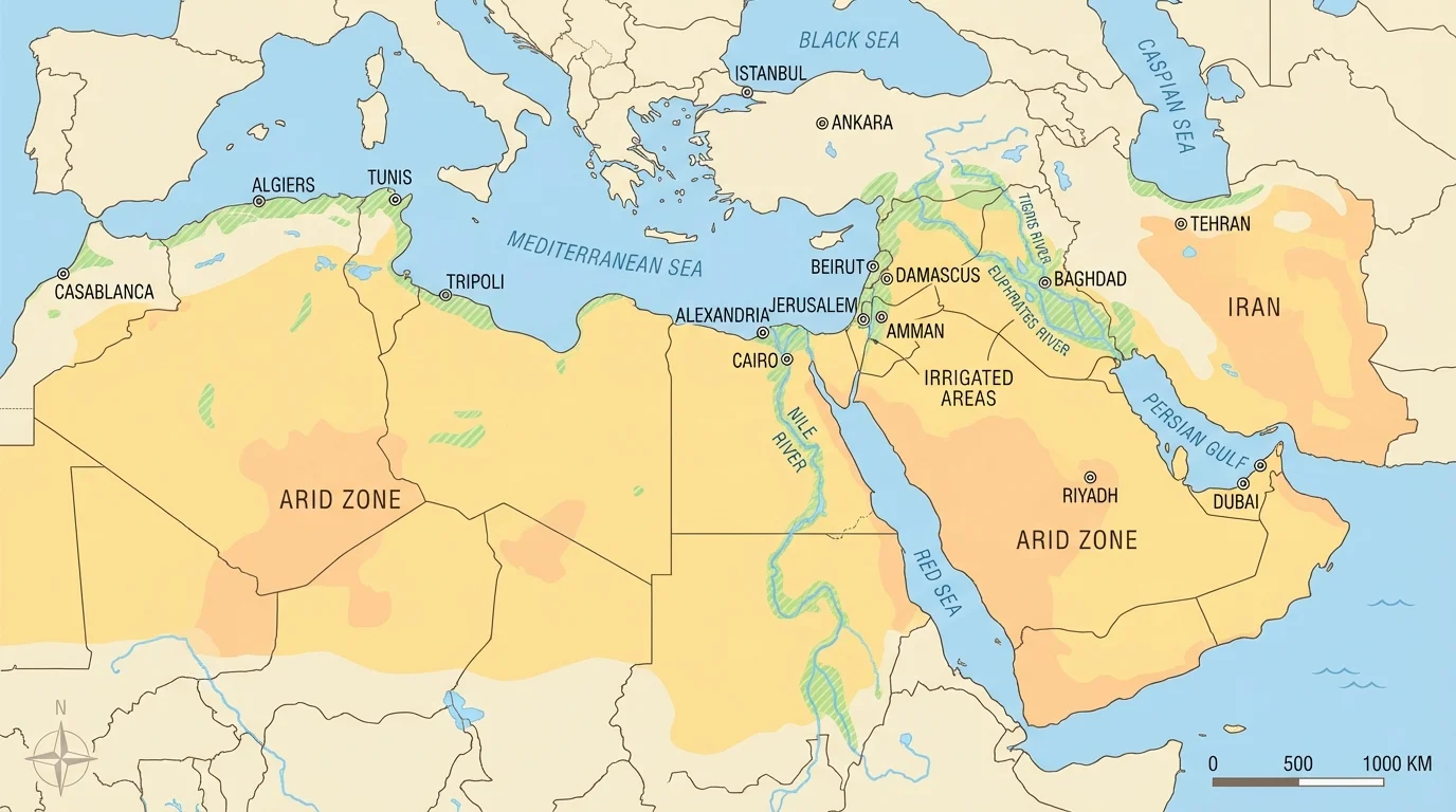 Southwest Asia and North Africa map with arid zones, Nile, Tigris-Euphrates, major cities, and irrigation areas