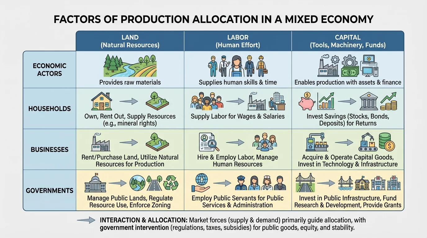 Comparison chart showing how households, businesses, and governments allocate land, labor, and capital in a mixed economy