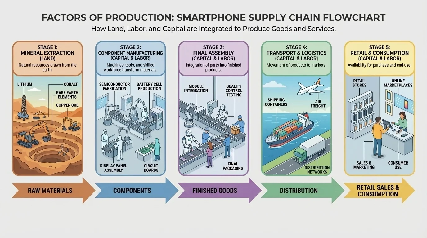 Flowchart of smartphone production from mineral extraction to factory assembly, transport, and retail sale