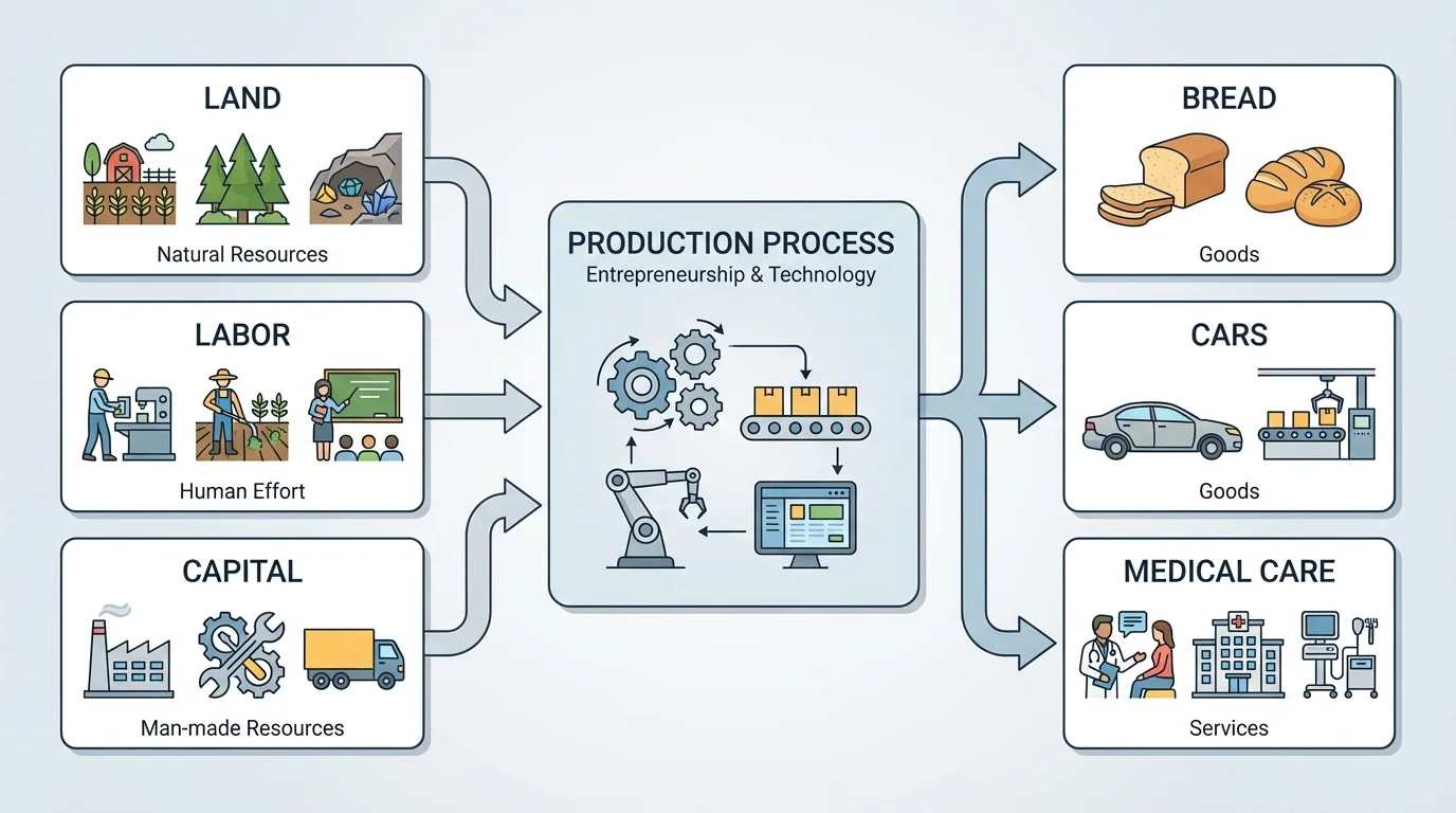 Three-input production diagram showing land, labor, and capital combining to produce bread, cars, and medical care