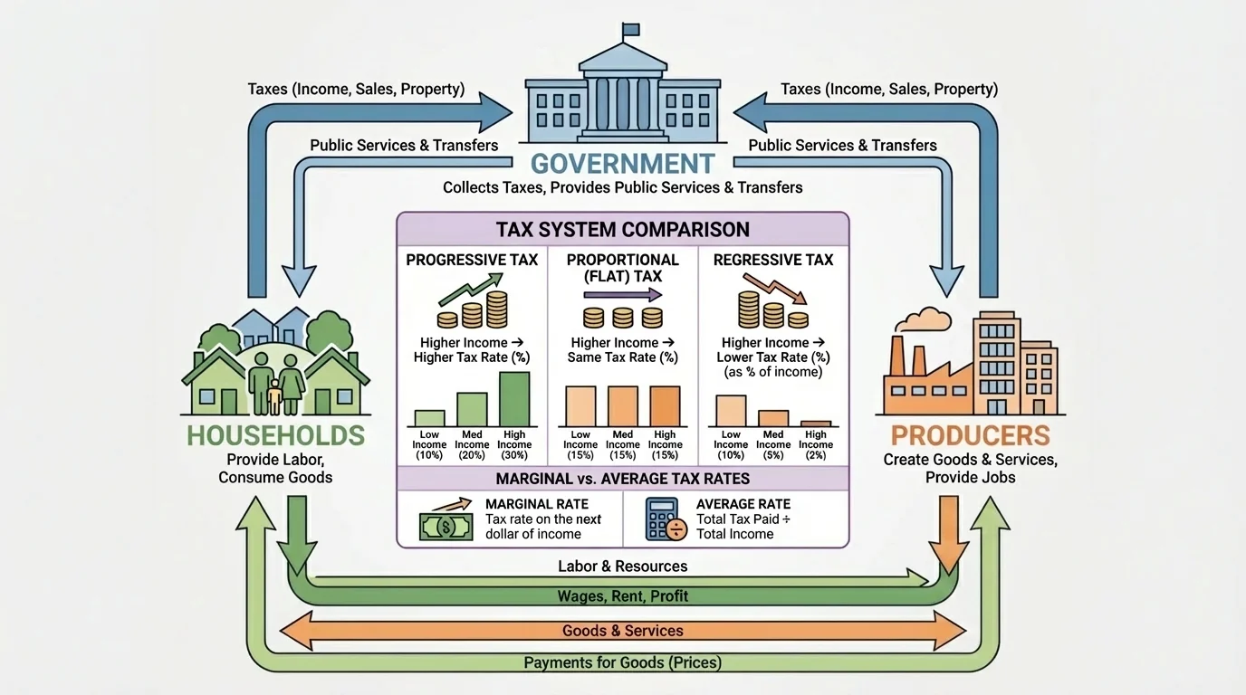 flowchart showing households, producers, and government connected by taxes, public services, wages, prices, and transfers