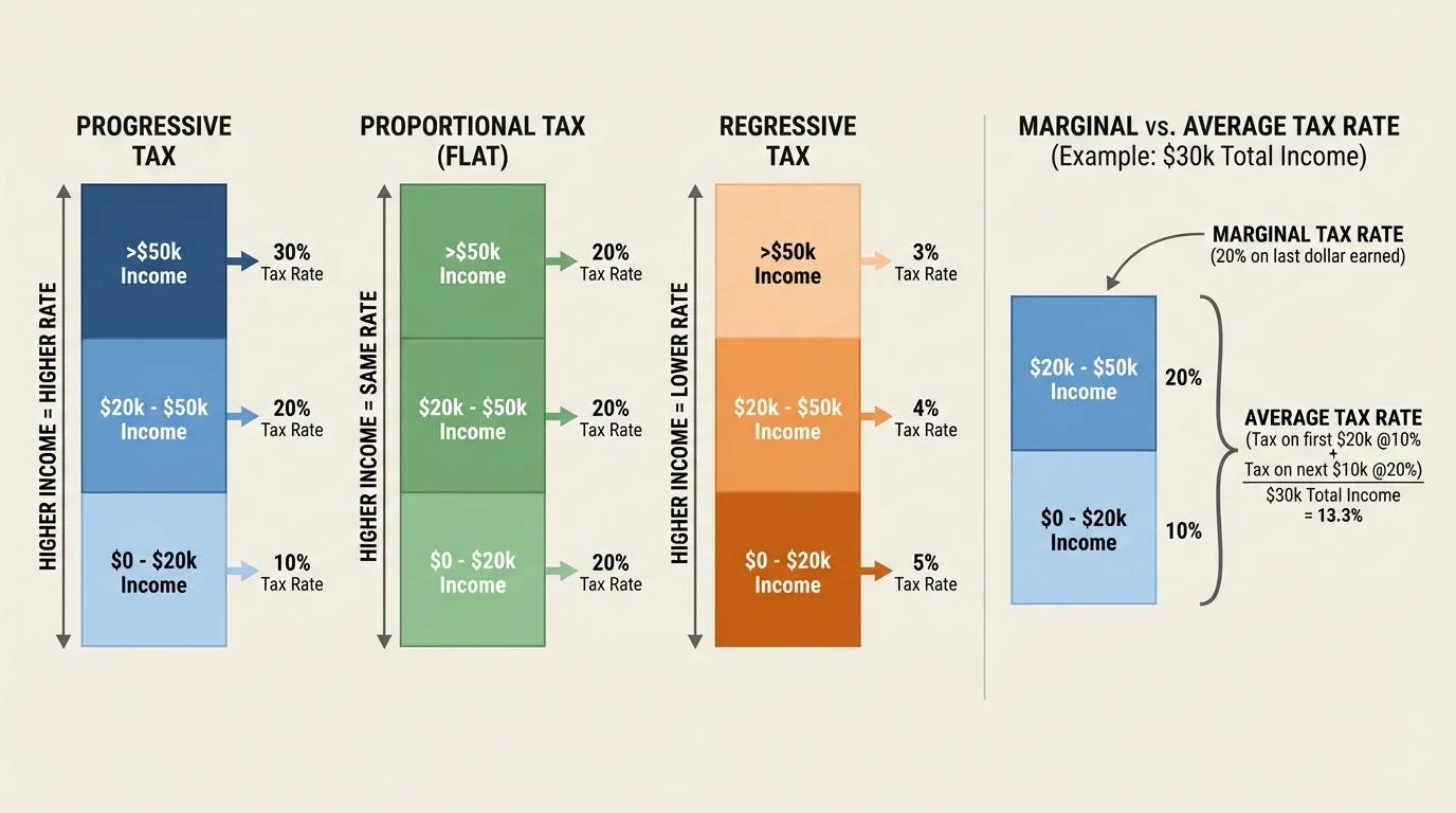 diagram of stacked income brackets with different rates applied to each layer of income and arrows highlighting marginal versus average rate