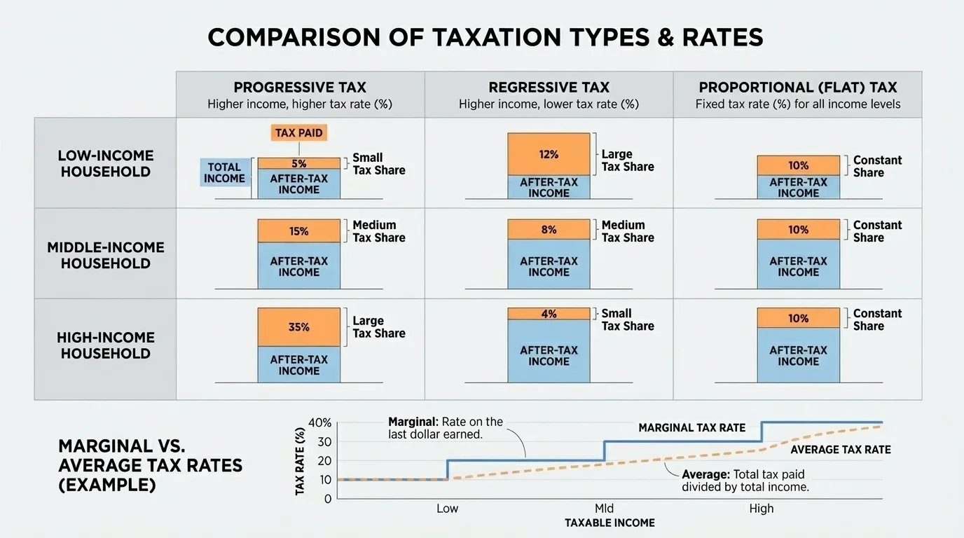 comparison chart showing low-, middle-, and high-income households with tax shares under progressive, regressive, and proportional taxes