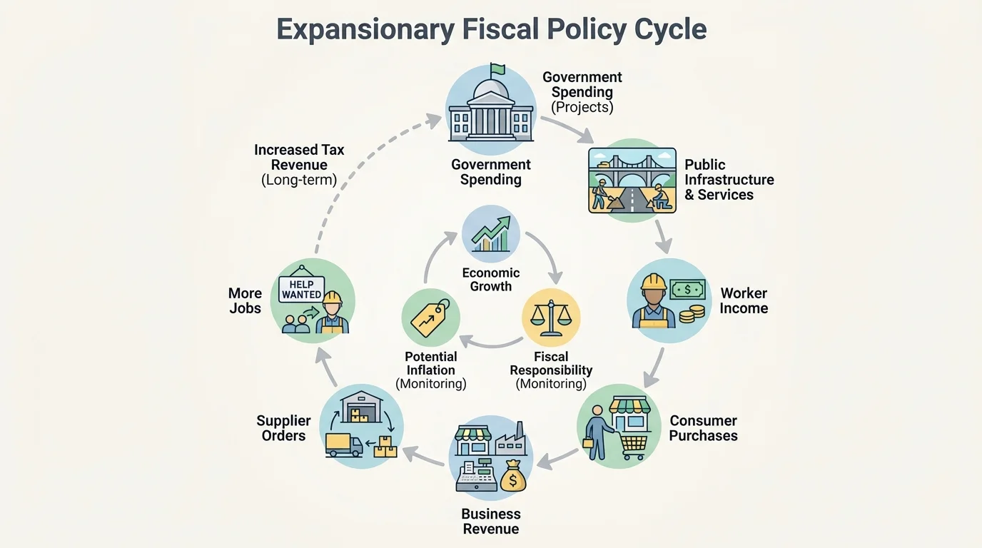 Expansionary fiscal policy cycle showing government spending on projects leading to worker income, consumer purchases, business revenue, supplier orders, and more jobs