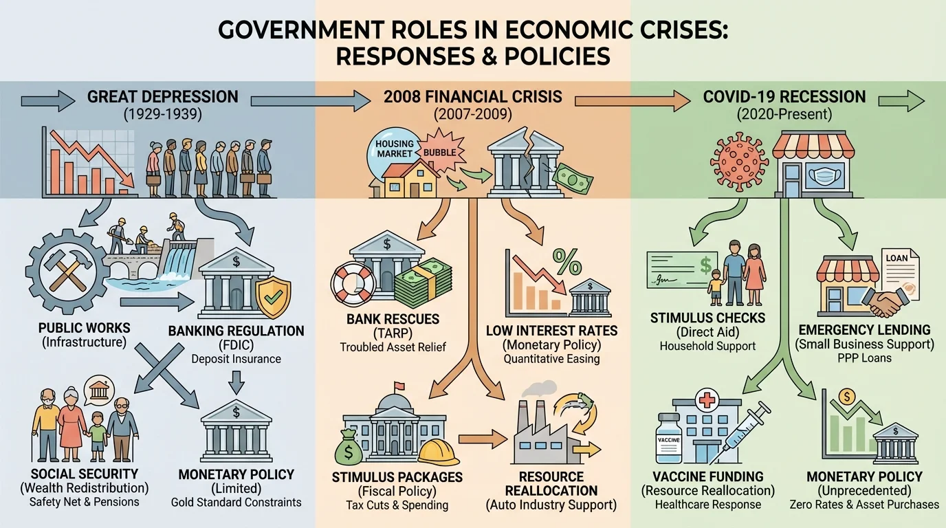 Timeline showing Great Depression, 2008 financial crisis, and COVID-19 recession with major responses such as public works, bank rescues, low interest rates, stimulus checks, and emergency lending