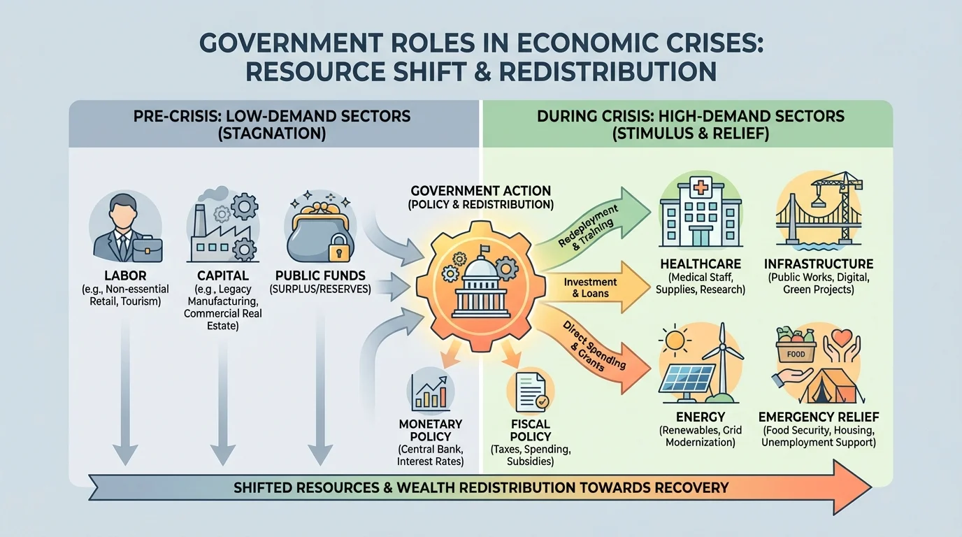 Comparison chart showing labor, capital, and public funds shifting from low-demand sectors toward healthcare, infrastructure, energy, and emergency relief during a crisis
