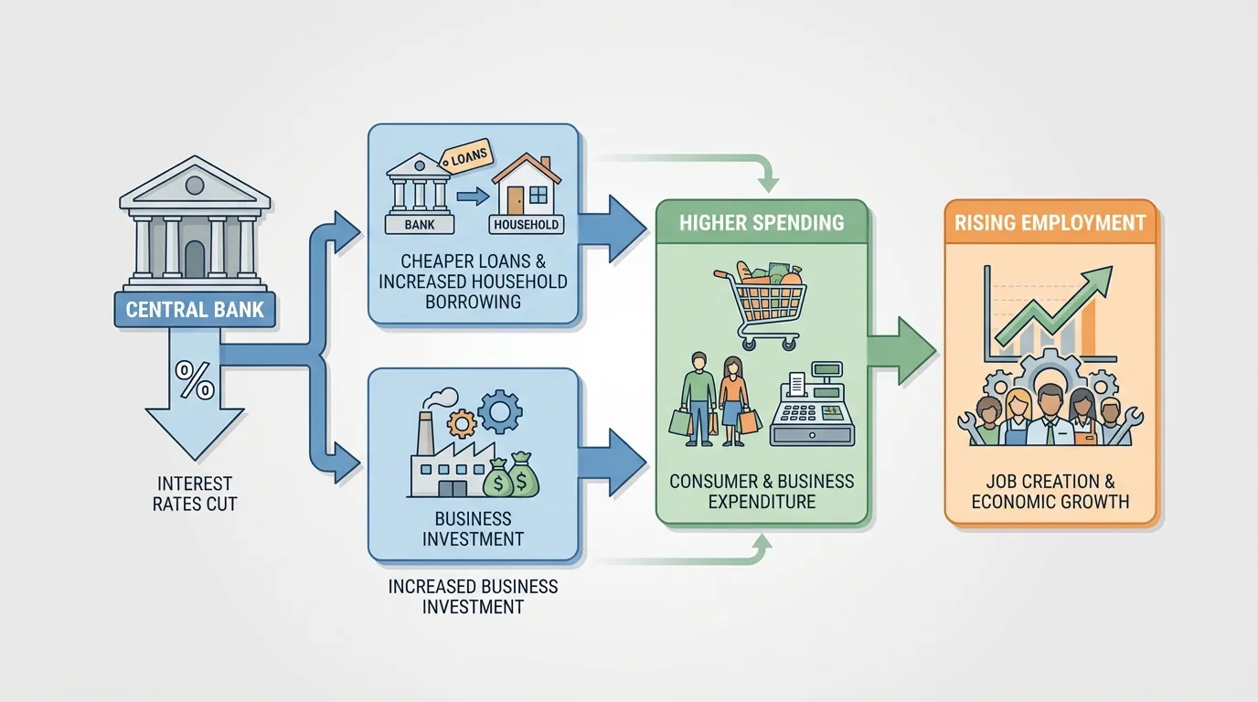 Central bank cuts interest rates leading to cheaper loans, increased household borrowing, increased business investment, higher spending, and rising employment