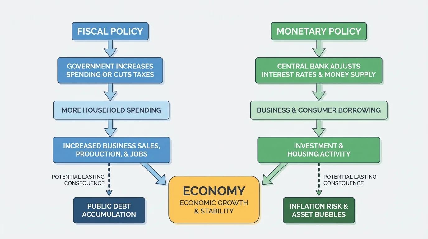 Flowchart showing government increases spending or cuts taxes leading to more household spending, business sales, production, and jobs