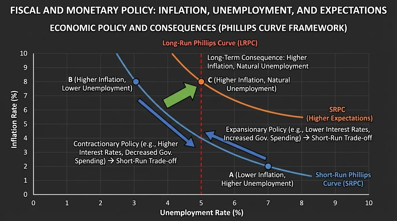 Graph with inflation on one axis and unemployment on the other, showing short-run trade-off and a shift when expectations change