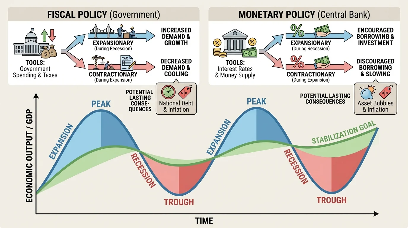 Graph of business cycle waves labeled expansion, peak, recession, trough with a smoother line showing stabilization goal