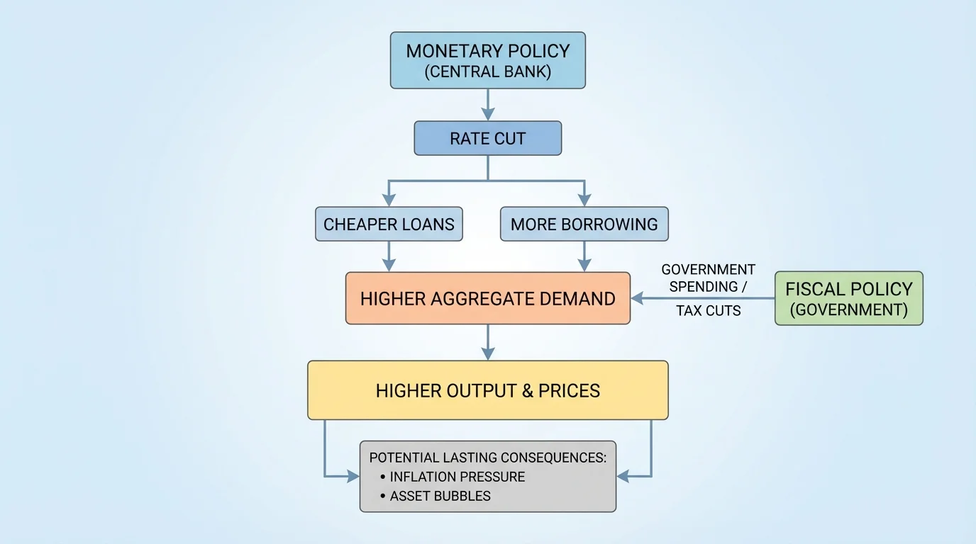Flowchart showing central bank rate cut leading to cheaper loans, more borrowing, more spending and investment, higher output and prices