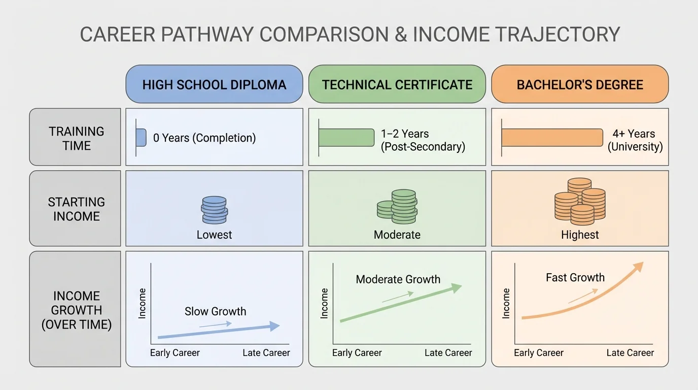 comparison chart showing three career pathways—high school diploma, technical certificate, and bachelor's degree—with training time, starting income, and income growth over time