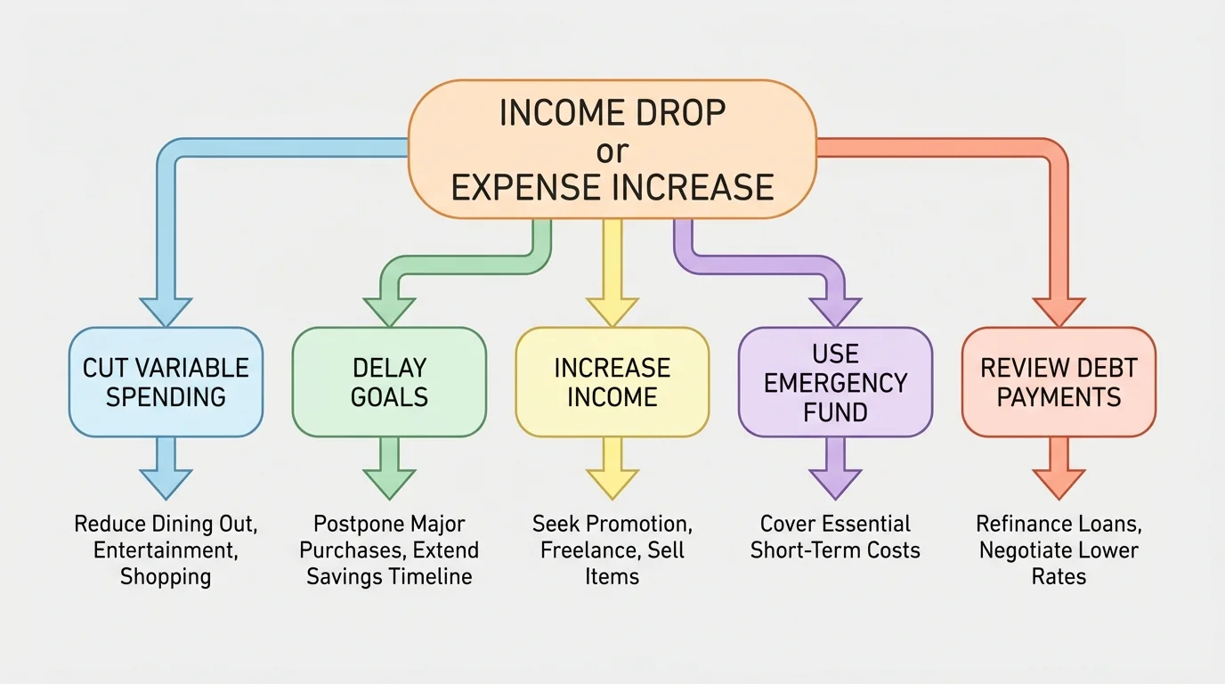 budget adjustment flowchart beginning with income drop or expense increase, then branching to cut variable spending, delay goals, increase income, use emergency fund, or review debt payments