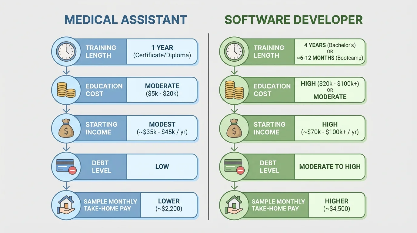 side-by-side comparison of medical assistant and software developer career paths showing training length, education cost, starting income, debt level, and sample monthly take-home pay