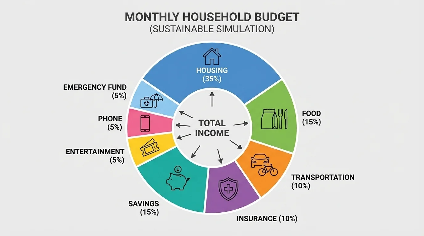 sample monthly household budget chart with categories housing, food, transportation, insurance, savings, entertainment, phone, and emergency fund, each shown as part of total income