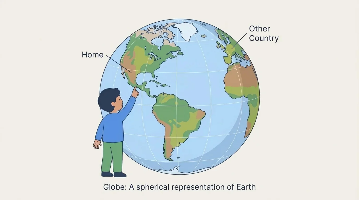 Globe with blue oceans, green and brown land, and a child pointing to home and another country