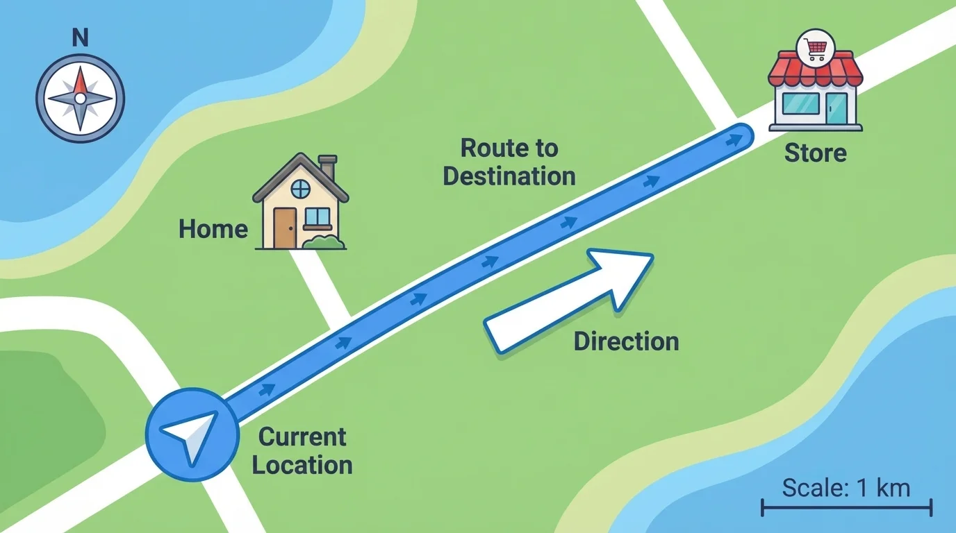 Child-friendly GPS screen with a blue dot, road line, home, store, and arrow showing direction