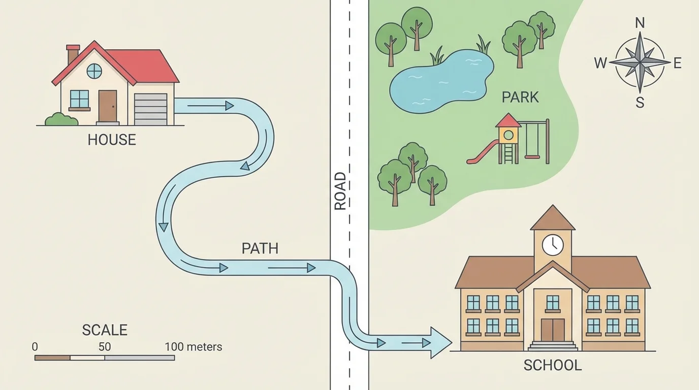 Simple neighborhood map showing house, school, park, road, and a path from home to school