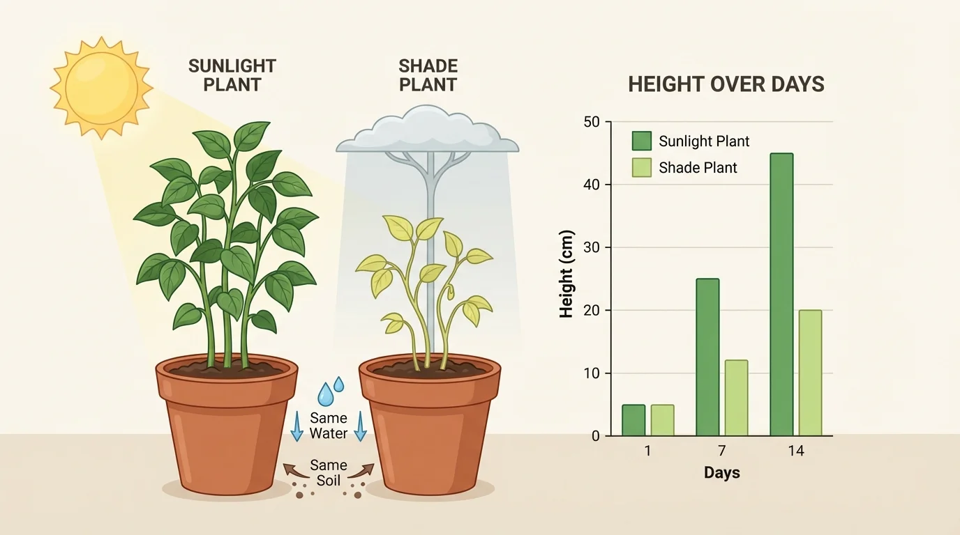two bean plants in matching pots, one in sunlight and one in shade, same water and soil, with a small simple height-over-days chart beside them