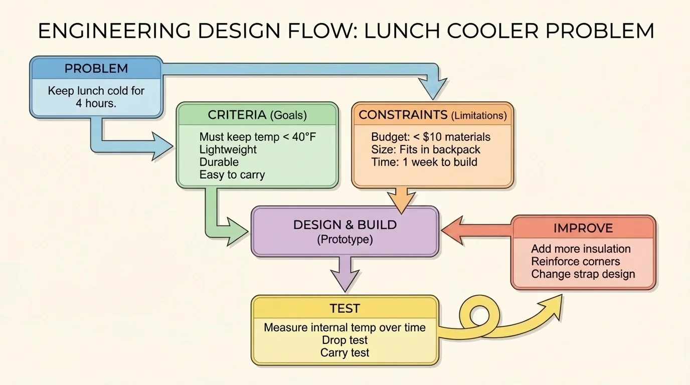 engineering design flow for a lunch cooler problem with boxes for problem, criteria, constraints, test, and improve