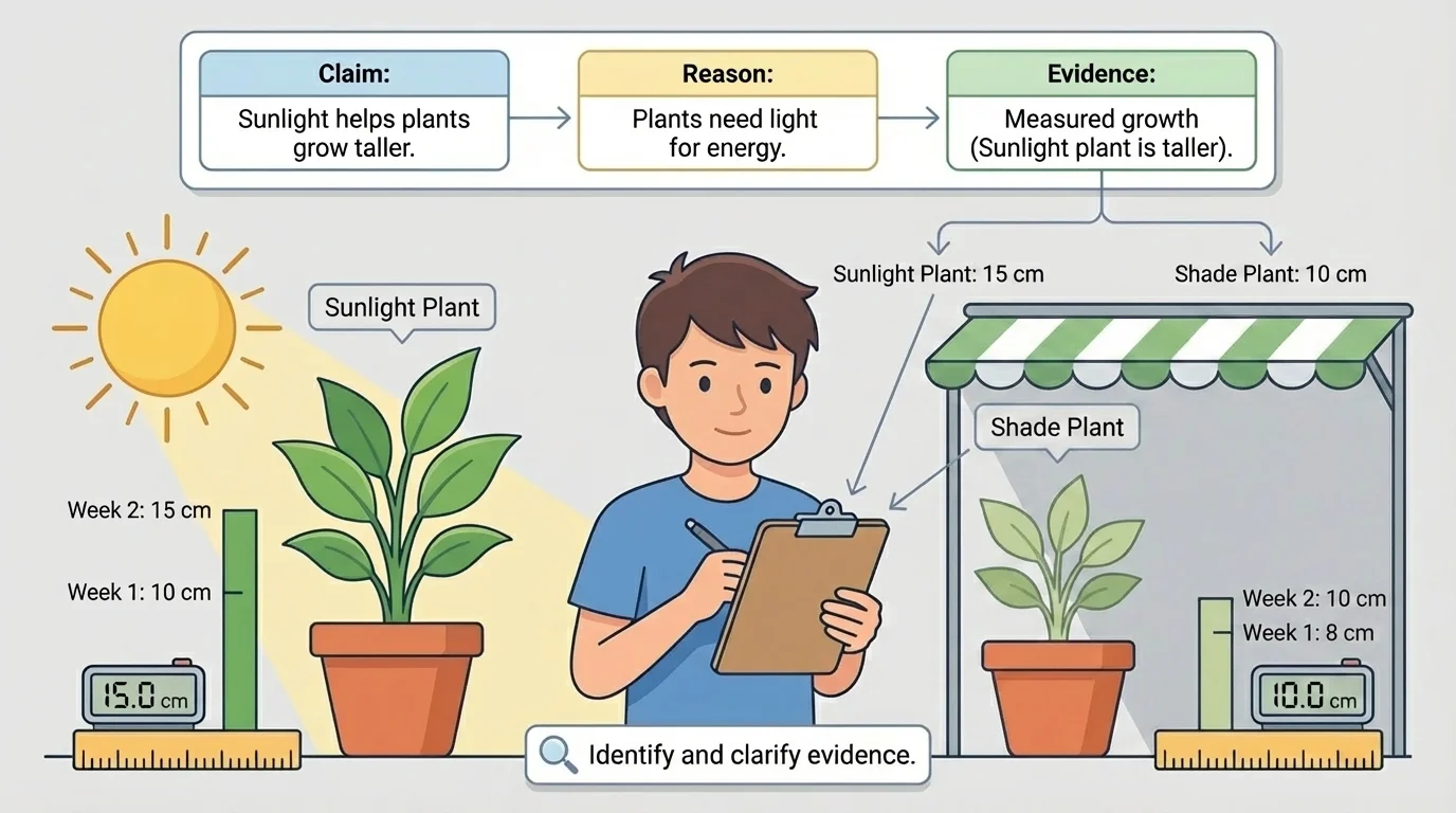 student comparing two potted plants, one in sunlight and one in shade, with simple labels showing claim, reason, and evidence from measured growth