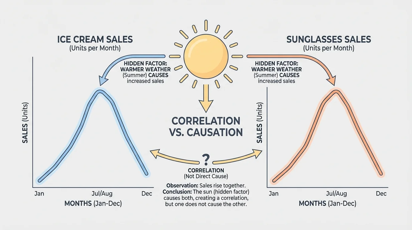 two side-by-side simple line graphs showing ice cream sales and sunglasses sales both rising in summer, with a sun icon representing the hidden factor