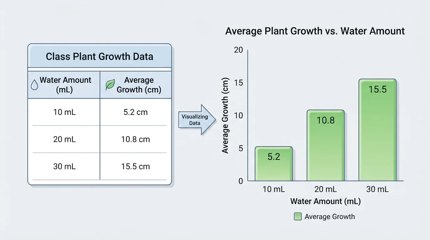 class plant growth data shown as a simple table beside a bar graph with taller bars for plants given more water