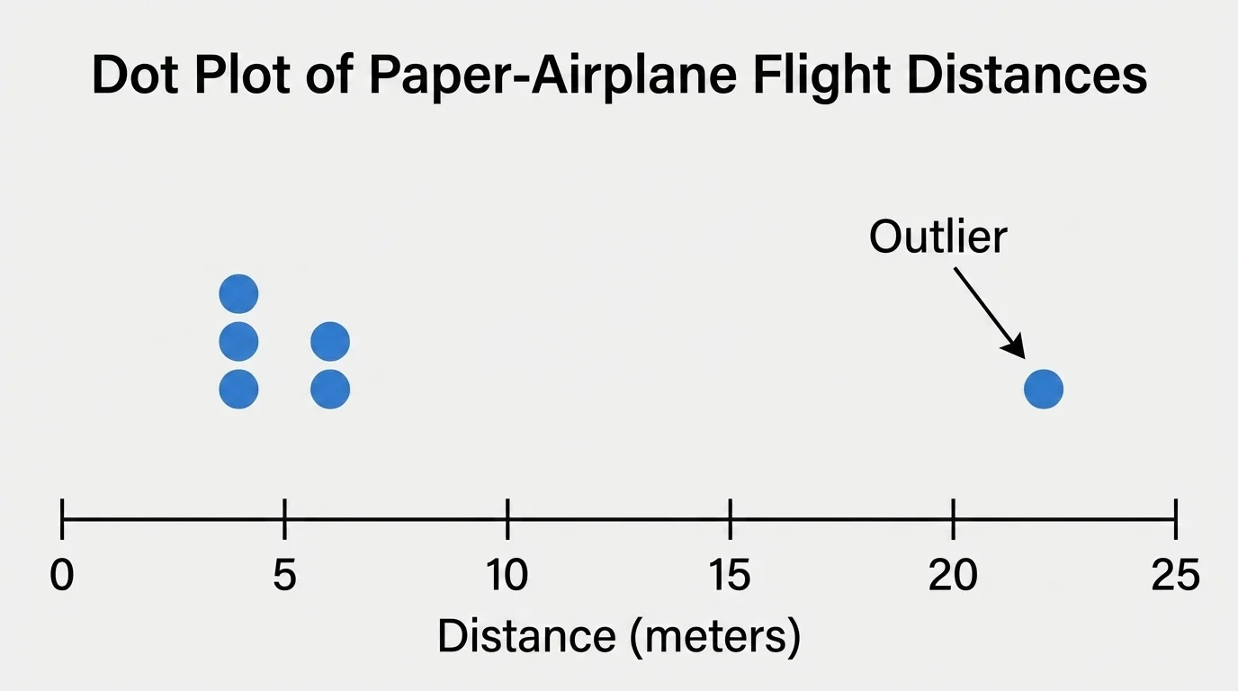 dot plot of five paper-airplane flight distances with four close values and one much farther value labeled outlier