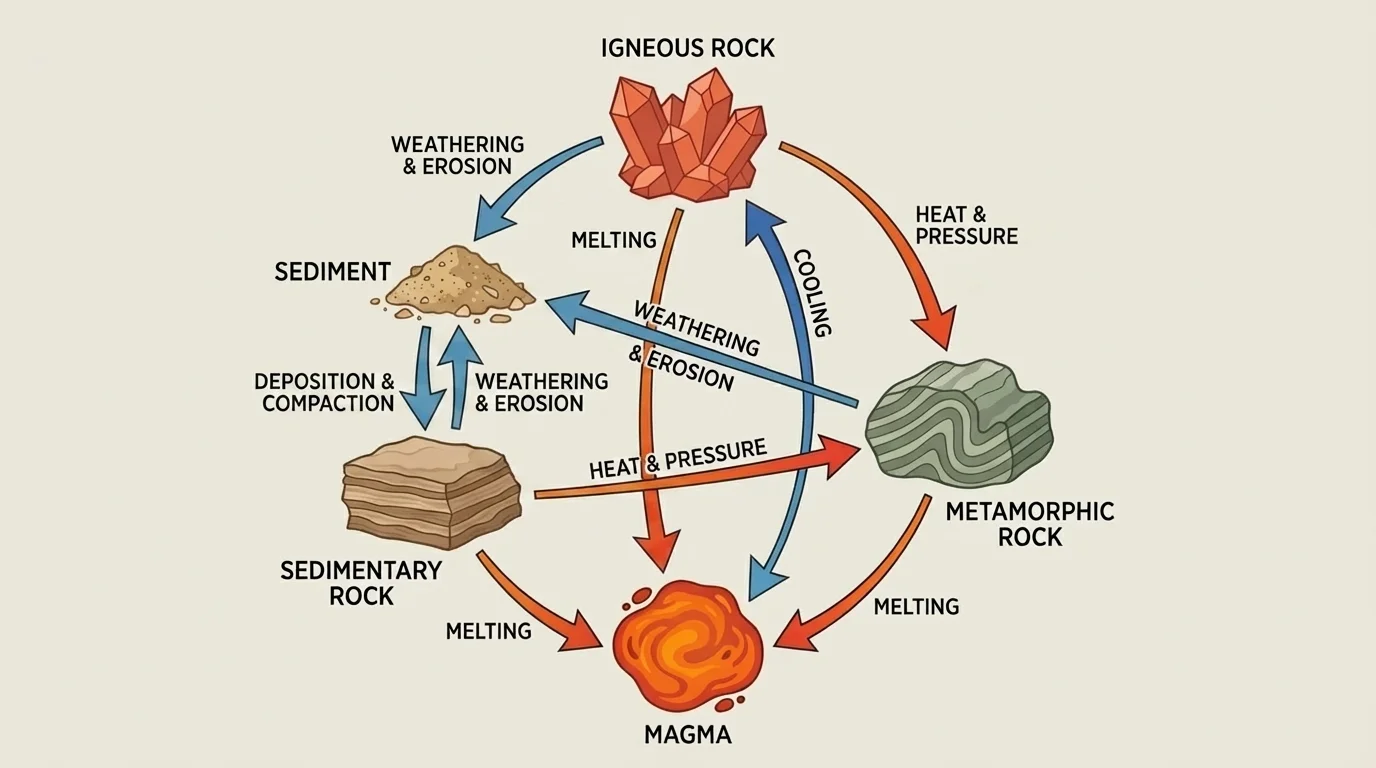 Rock cycle flowchart linking igneous, sedimentary, and metamorphic rocks with arrows labeled weathering, erosion, deposition, compaction, heat, pressure, melting, and cooling