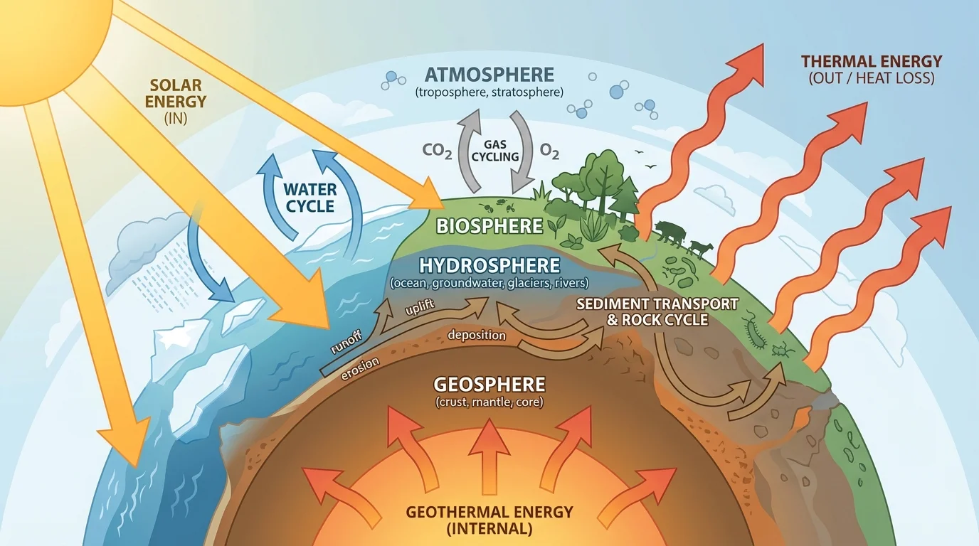 Labeled Earth systems diagram showing geosphere, hydrosphere, atmosphere, and biosphere with arrows for water, gases, sediments, and energy flow