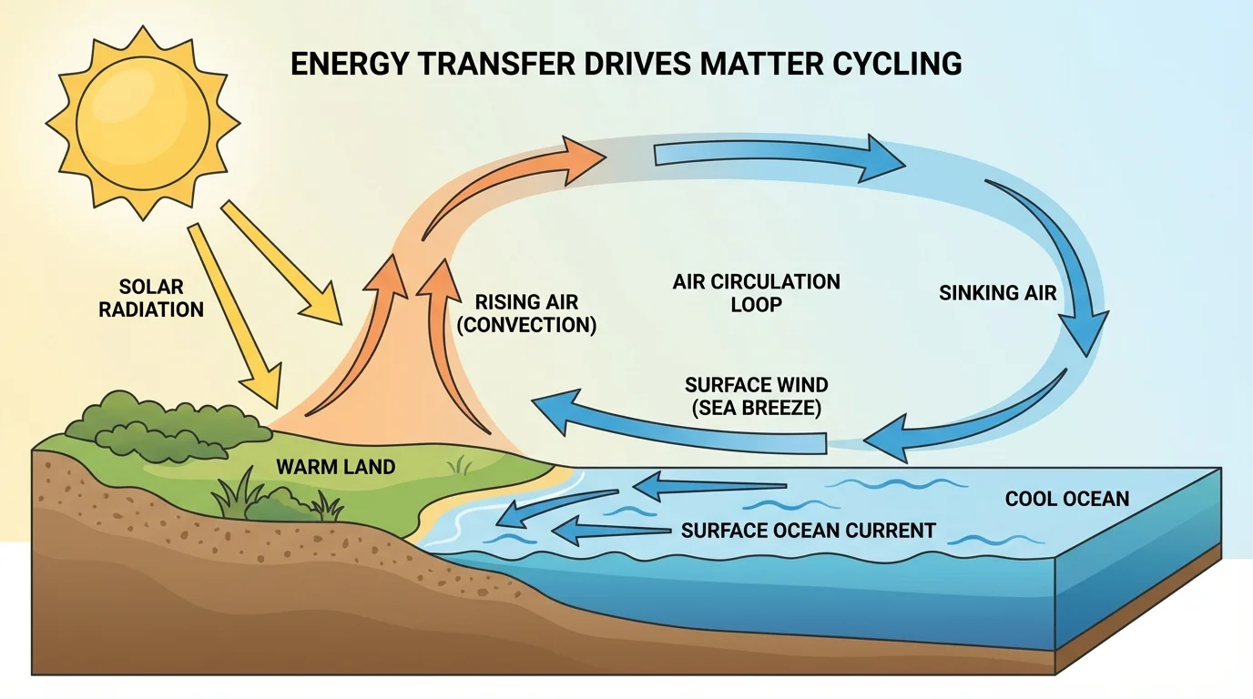 Uneven solar heating diagram with warm land, rising air, sinking cool air over water, wind arrows, and a simple surface ocean current along a coastline