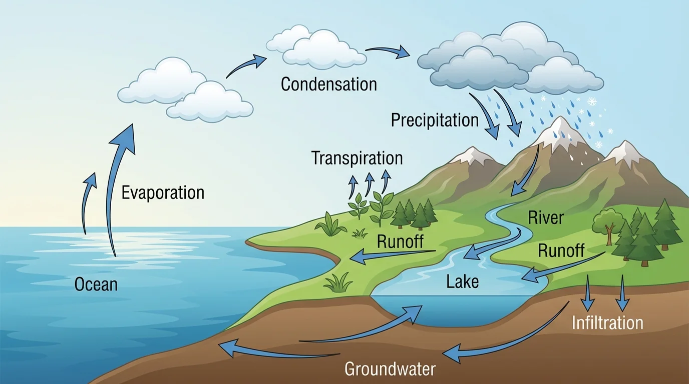 Water cycle diagram with ocean, lake, clouds, mountains, river, groundwater, plants, and arrows labeled evaporation, condensation, precipitation, runoff, infiltration, and transpiration
